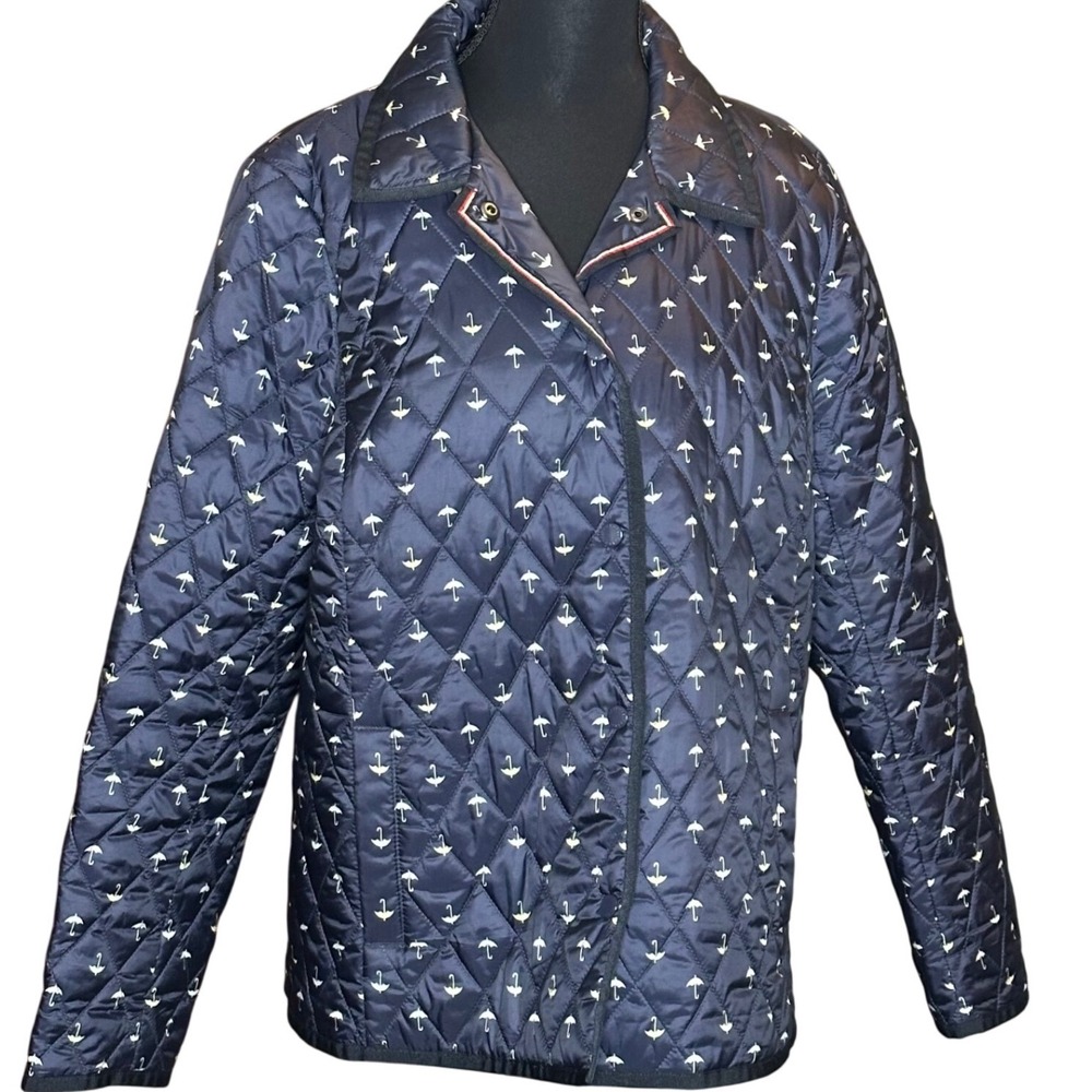 Talbots Womens Navy Blue Quilted Umbrella Print Snap Front Barn Jacket Size L